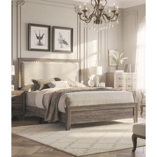 Sunvega Brown Cherry Finish Contemporary Fabric Panel Bed in One Box