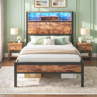 Sunvega Twin Size Bed Frame with Storage Headboard, Charging Station, and Bookcase