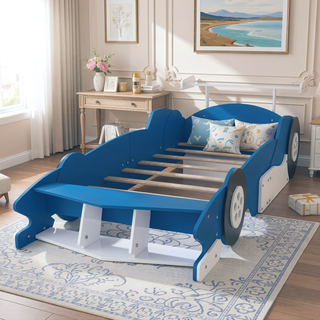 Sunvega Twin Size Race Car Platform Bed with Wheels and Safety Rails