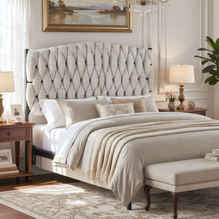 Sunvega Braided Matisse Twin Size Headboard in Black Metal and Cream Fabric