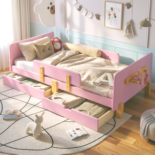 Sunvega Twin Size Solid Wood Platform Bed with Storage Drawers and Guardrail