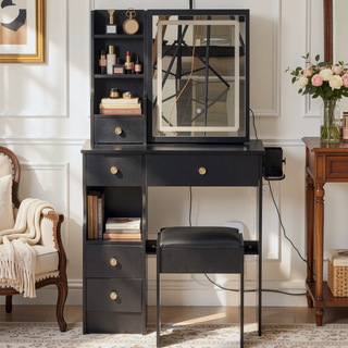 Sunvega Small Space Vanity Table with Cushioned Stool and Extra Large Sliding Mirror