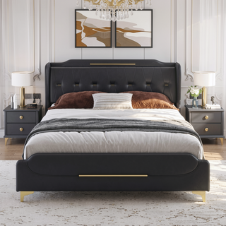 Sunvega Queen Size Leather Bed Frame with Wingback Headboard and Gold Metal Decor