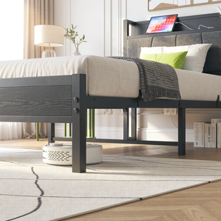 Sunvega Full Size Bed Frame with Storage Headboard and Charging Station Outlets