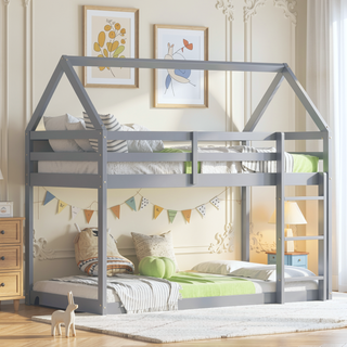 Sunvega Rubber Wood Twin over Twin Bunk Bed with Ladder and Guardrails