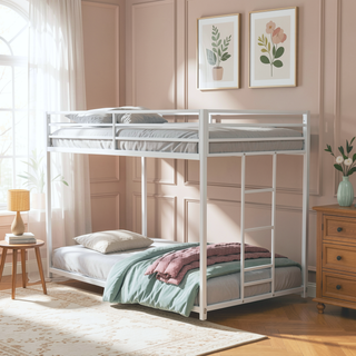 Sunvega Low Bunk Bed with Reversible Ladder and Full Metal Construction in Matte White