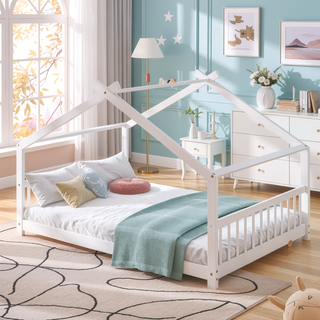Sunvega White Full Size House Bed with Playhouse Design and Pinewood Frame