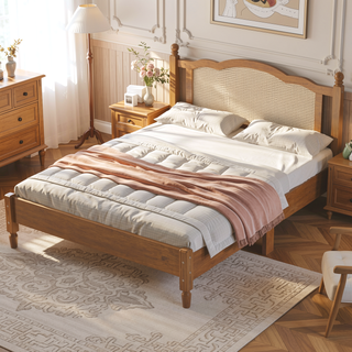 Sunvega Queen Size Wooden Platform Bed with Natural Rattan Headboard and Wooden Slat Support