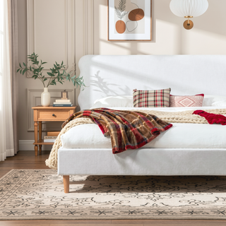 Sunvega Retro Modern Wavy Headboard Platform Bed with Upholstered Frame in Antique White