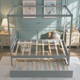 Sunvega Full Size House Canopy Bed Frame with Twin Trundle and Headboard Grey