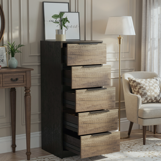 Sunvega White Pine Modern 5 Drawer Vertical Dresser for Narrow Spaces