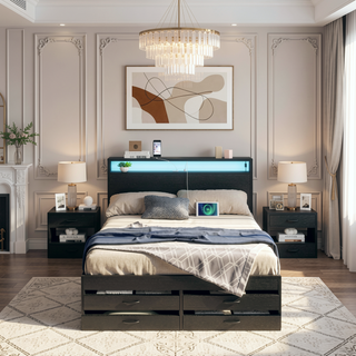 Sunvega Full Size Storage Bed Frame with LED Headboard Charging Station and 8 Drawers