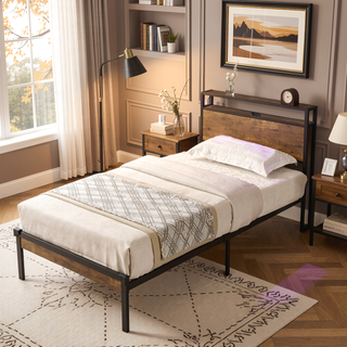 Sunvega Modern Metal Platform Bed Frame with Wooden Headboard and Footboard for Queen Size
