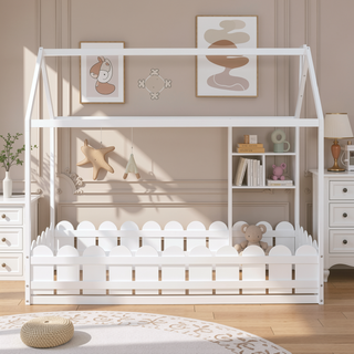 Sunvega Twin Size House Bed Frame with Fence and Roof for Kids and Teens