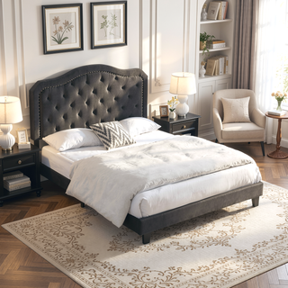 Sunvega King Size Upholstered Platform Bed with Button Tufted Linen Headboard