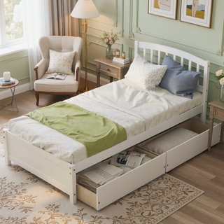 Sunvega Twin Wood Platform Storage Bed Frame with Two Drawers and Headboard