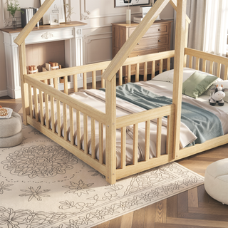 Sunvega Twin Wood House Floor Bed with Guardrail Fence in Grey