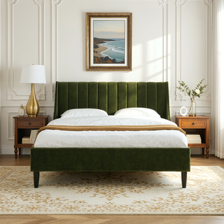 Sunvega Handmade Vertical Tufted Headboard Platform Bed Set in Light Beige Linen
