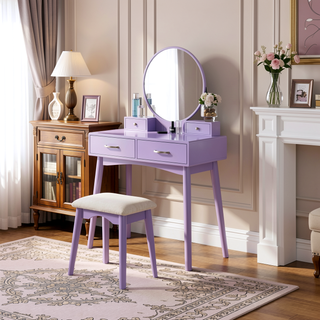 Sunvega Contemporary White Wood Vanity and Stool Set with Round Mirror