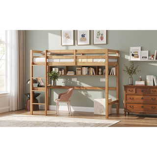 Sunvega Pink Rubber Wood Twin High Loft Bed with Safety Guardrail and Built-in Desk