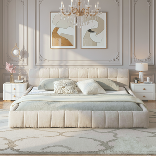 Sunvega Grounded California King Upholstered Bed Frame with Soft Chenille Fabric Headboard