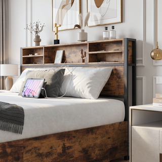 Sunvega Queen Bed Frame with Storage Headboard and 4 Drawers on Wheels