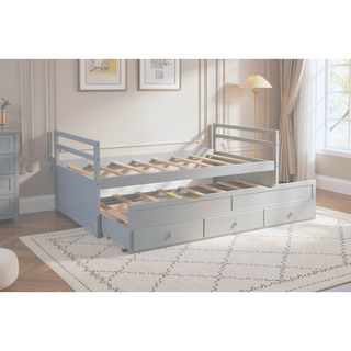 Sunvega Twin Size Pine Wood Bed with Headboard, Footboard, Trundle, and Three Storage Drawers