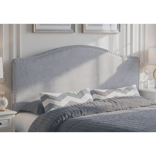 Sunvega Queen Size Upholstered Grey Leather Look Headboard with Silver Nailhead Trim