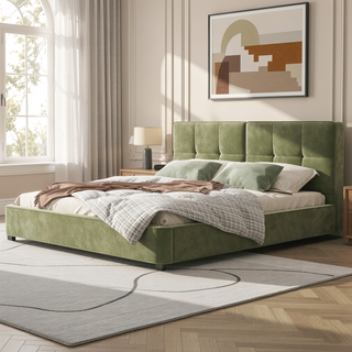 Sunvega King Size Velvet Bed Frame with Curved Tufted Headboard and Square Corners