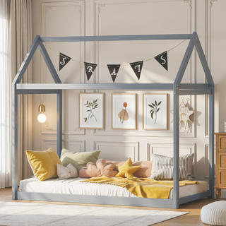 Sunvega Twin Size Gray Wooden House Bed with Eaves Design for Kids Room
