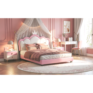 Sunvega Cream Pink Full Size Princess Bed with Crown Headboard and Footboard