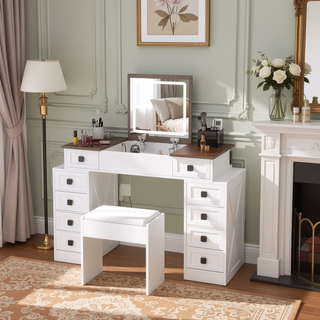 Sunvega Dimmable LED Vanity Desk with Flip Up Mirror and 10 Drawers