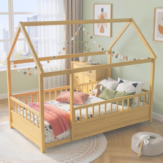 Sunvega Twin Size Floor Wooden Bed with House Roof Frame and Fence Guardrails