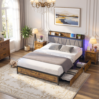Sunvega Queen Bed Frame with Storage Headboard USB Outlets LED Lights and 4 Drawers