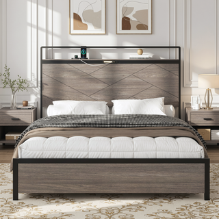 Sunvega Modern Wood and Metal Platform Bed Frame with LED Headboard USB Charging