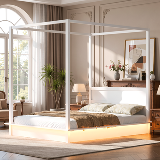 Sunvega Queen Size Wood LED Canopy Bed With Support Slats And Brushed Finish