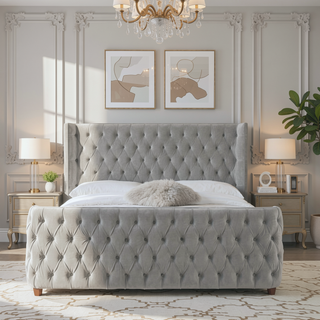 Sunvega Brooklyn King Tufted Panel Bed Headboard and Footboard Set in Caramel Tan Brown