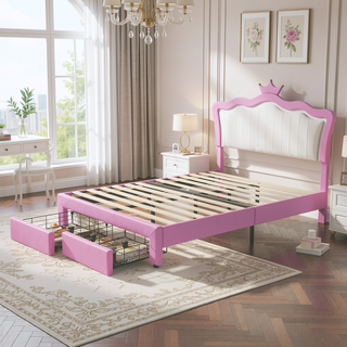 Sunvega Full Size Pink and White Upholstered Princess Bed with Crown Headboard