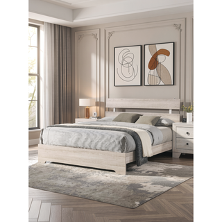 Sunvega Rustic Contemporary Platform Bed Frame with White Wash Finish and Slat Headboard
