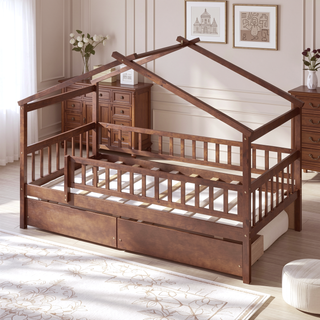 Sunvega Twin Size Wooden House Bed with Two Drawers and Headboard in White