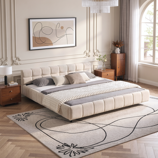 Sunvega Elegant Beige Chenille Upholstered King Bed with Checkerboard Headboard
