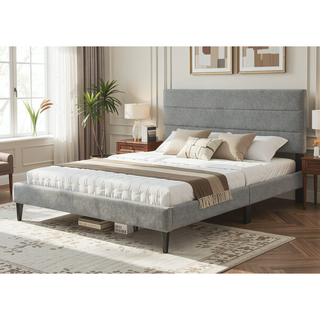 Sunvega Queen Upholstered Pleated Bed in a Box with Sturdy Dark Brown Frame