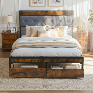 Sunvega King Bed Frame with Storage Headboard LED Lights and USB Charging Station