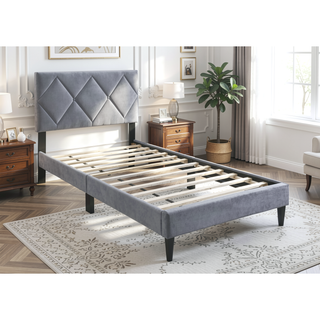 Sunvega Modern Grey Velvet Tufted Headboard Twin Size Youth Bed Frame