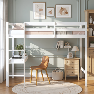 Sunvega Pink Rubber Wood Twin High Loft Bed with Safety Guardrail and Built-in Desk