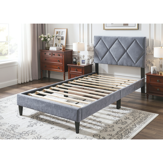 Sunvega Modern Gray Velvet Tufted Headboard Full Size Bed for Youth Bedroom