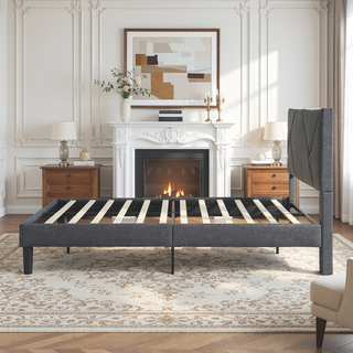 Sunvega King Size Upholstered Platform Bed with Button Tufted Linen Headboard