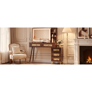 Sunvega Vintage Rattan Makeup Vanity with Mirror Lights and 5 Drawers