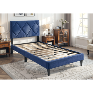 Sunvega Navy Blue Velvet Tufted Headboard Full Size Youth Bed Frame