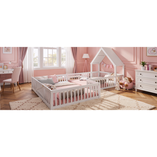 Sunvega Full Size House Floor Bed with Door and Full-Length Guardrails for Kids
